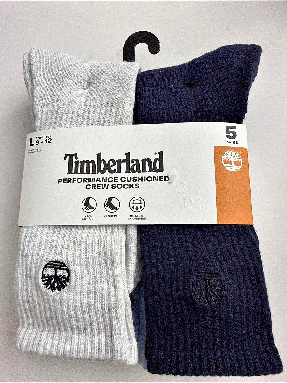 Timberland Performance Cushioned Crew Socks 5-Pair Crew Socks Gray & Black Large